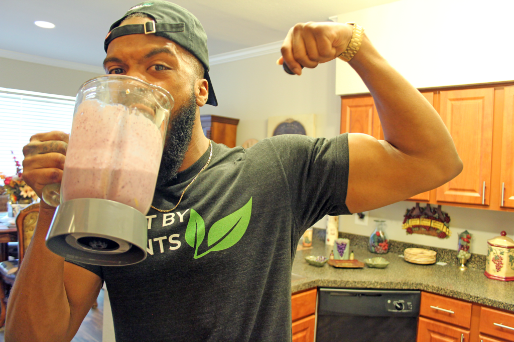 Najee Kelley making Plant-Based PB&J Protein Shake